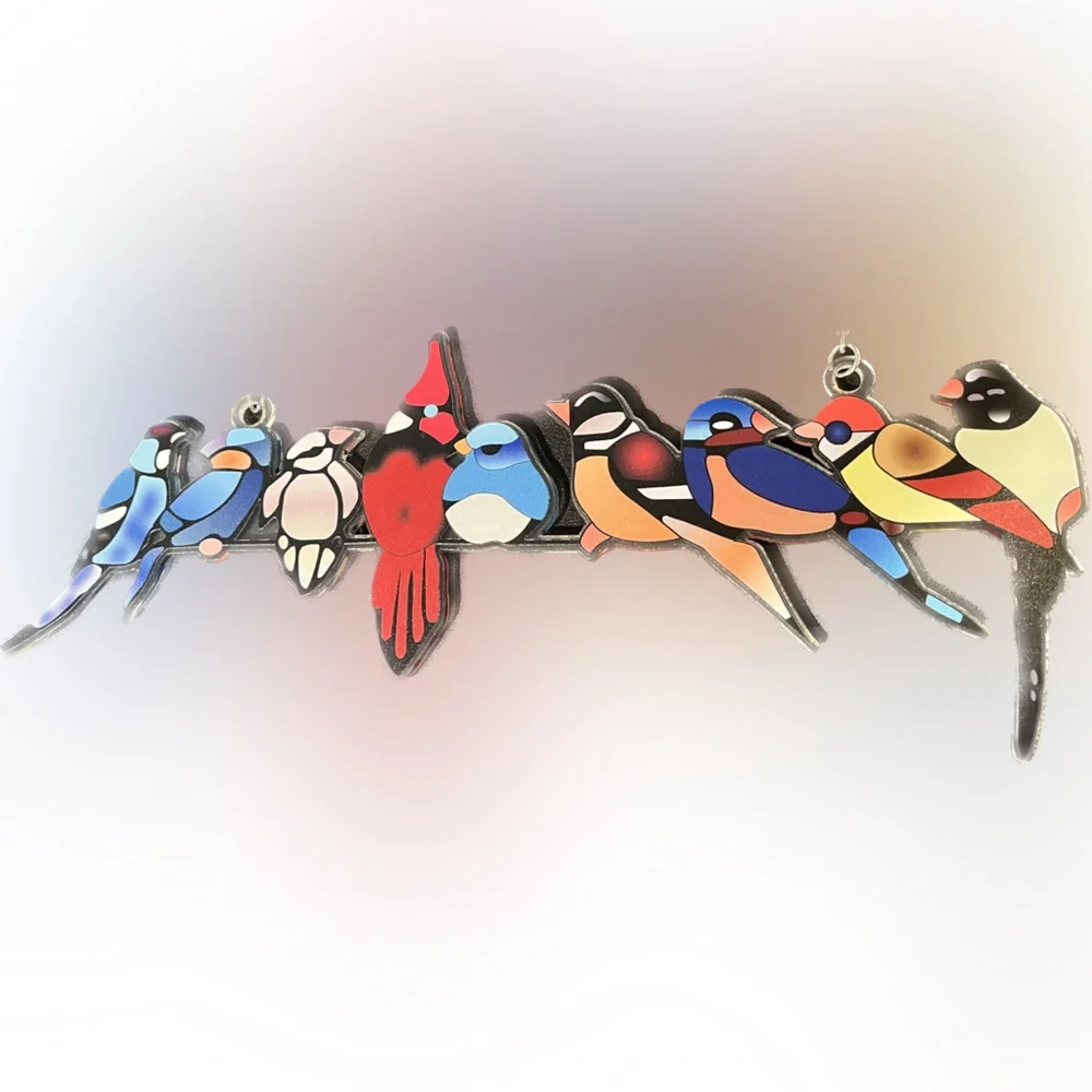 2 Piece Set of Wall Hanging Birds / Faux Stained Glass Look Effect w/ Chain